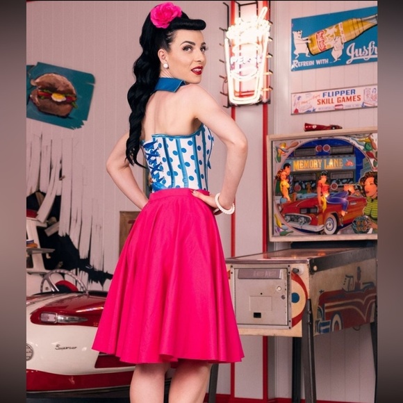 Corset Story | UNIQUE Steel-Boned Cyan Polkadot Halter Overbust Corset, US4, NWT - Picture 8 of 16